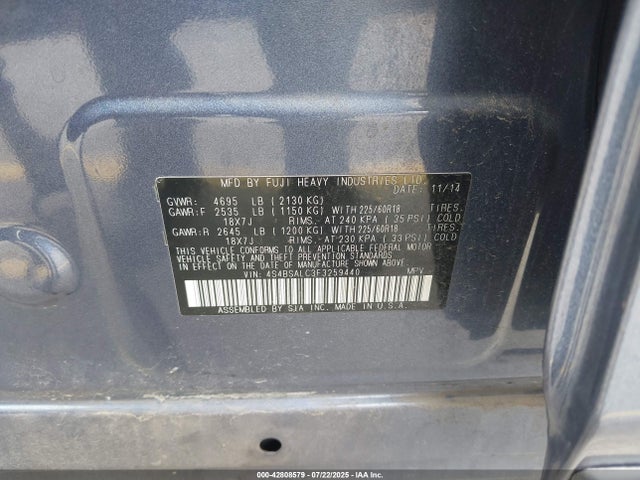 4S4BSALC3F3259440 Subaru 2.5l u5
