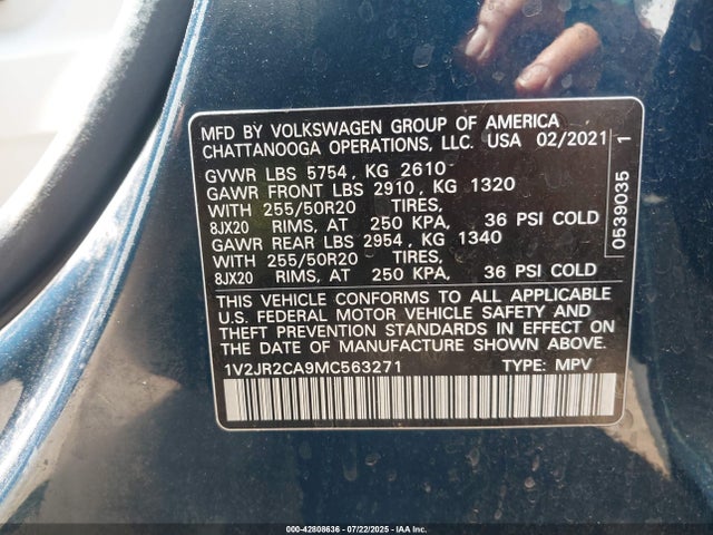 Volkswagen 3.6 fsi 2021 1V2JR2CA9MC563271 Image 9
