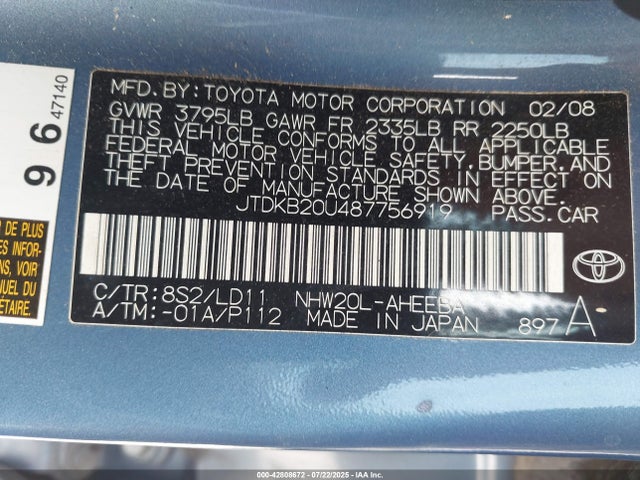 Продажа на аукционе авто 2008 Toyota Prius Touring, vin: JTDKB20U487756919, номер лота: 42808672