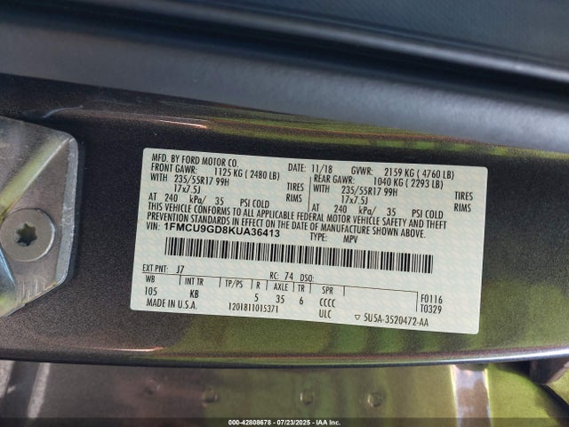 1FMCU9GD8KUA36413 Ford 1.5l gtdi sigma w/premium fuel