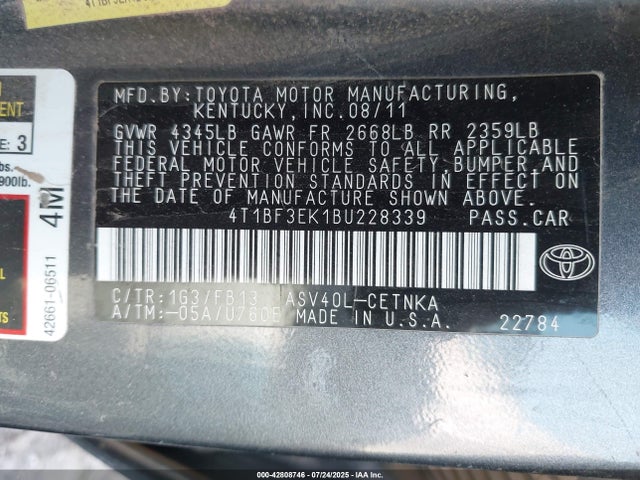 42808746 :رقم المزاد ، 4T1BF3EK1BU228339 vin ، 2011 Toyota Camry Le مزاد بيع