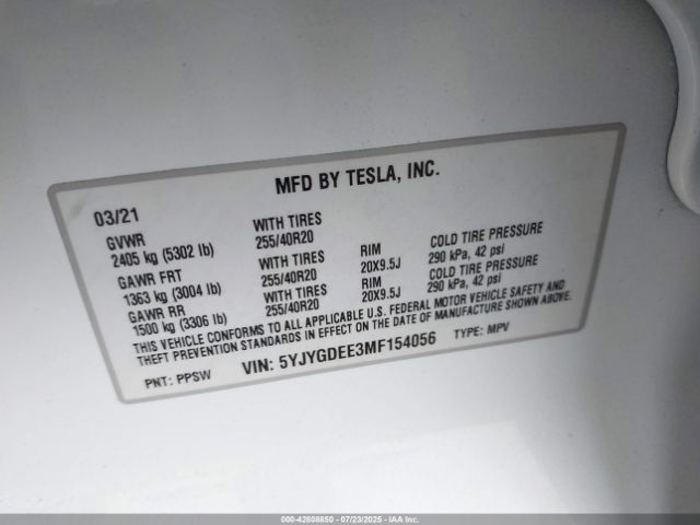 2021 TESLA MODEL Y 5YJYGDEE3MF154056 Photo 8