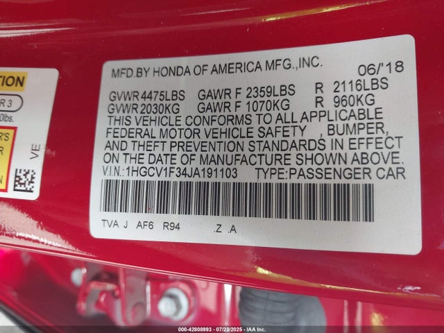1HGCV1F34JA191103 Honda l15be