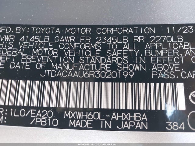 JTDACAAU6R3020199 Toyota m20a-fxs