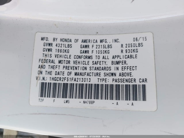 1HGCR2F51FA213013 Honda k24w1