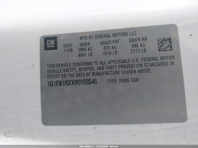 1G1FB1RXXH0160546 Chevrolet ltg - sidi: spark ignited direct injection, vvt: variable valve timing, alum dohc, dcvcp turbo, e0-e100, alum