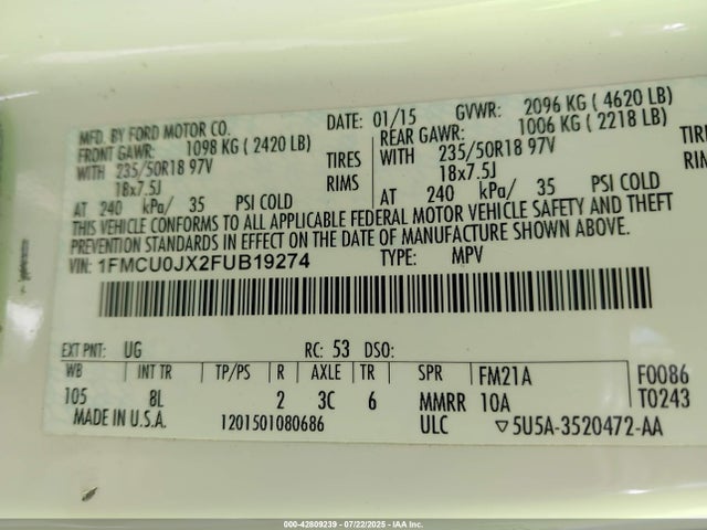 Ford 2015 2015 1FMCU0JX2FUB19274 Image 9