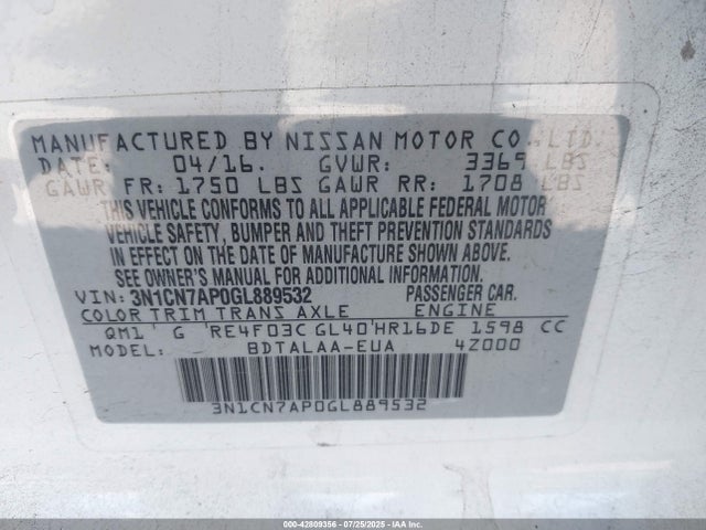 3N1CN7AP0GL889532 Nissan 2016