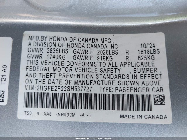 Honda k20c9 2025 2HGFE2F22SH537727 Image 9