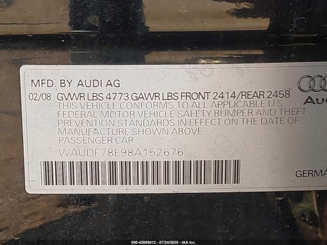 2008 AUDI A4 WAUDF78E98A152676 Photo 8