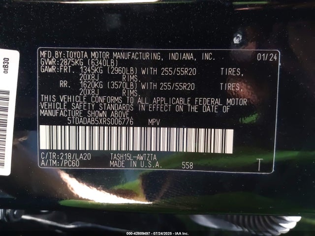 5TDADAB5XRS006776 Toyota t24a-fts, 1zm+1ym