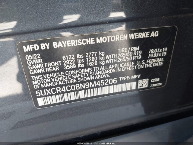 5UXCR4C08N9M45206 BMW X5
