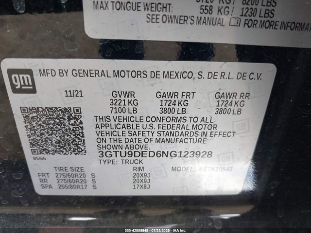 3GTU9DED6NG123928 GMC l84