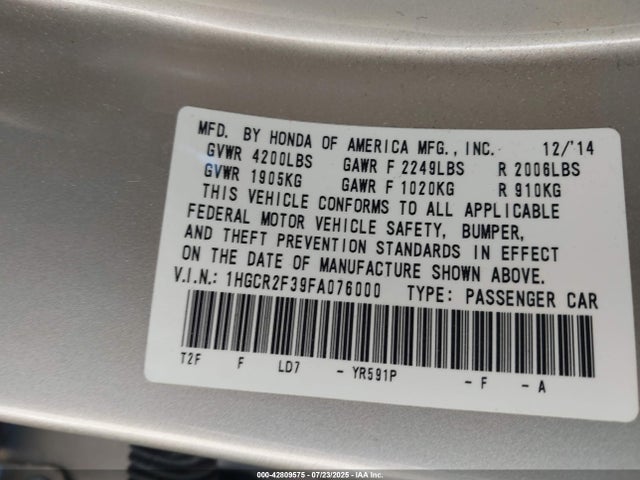 Honda k24w1 2015 1HGCR2F39FA076000 Image 9