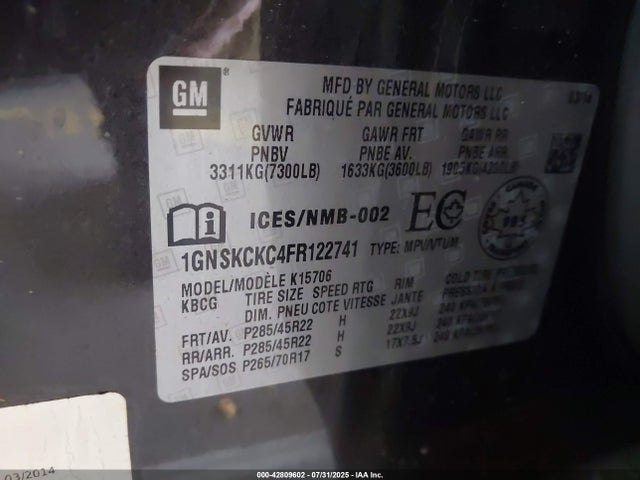 1GNSKCKC4FR122741 Chevrolet l83 - vvt, active fuel management, aluminum