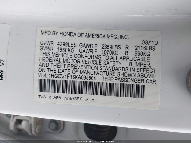 1HGCV1F16KA065504 Honda l15be
