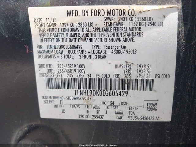 Lincoln MKS 2014 1LNHL9DK0EG605429 Image 9