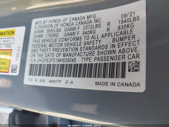 Honda Civic Sport 2022 2HGFE2F51NH535045 Image 9
