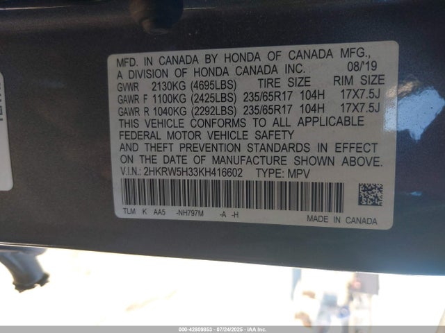 Honda k24w9/k24v9 2019 2HKRW5H33KH416602 Image 9