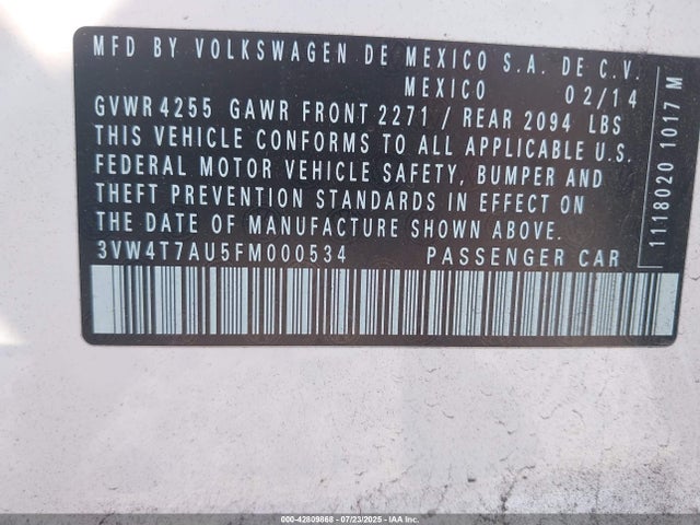 3VW4T7AU5FM000534 Volkswagen 2015