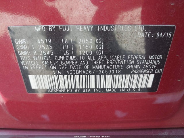 Subaru 2.5l u5 2015 4S3BNAD67F3059018 Image 9