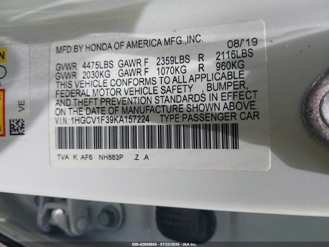 1HGCV1F39KA157224 Honda l15be