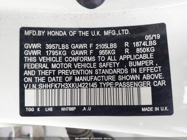 SHHFK7H3XKU422145 Honda l15ba