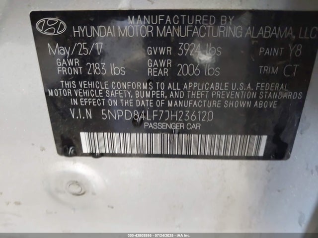 5NPD84LF7JH236120 Hyundai mpi nu