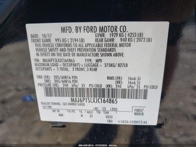 MAJ6P1SLXJC164865 Ford Ecosport
