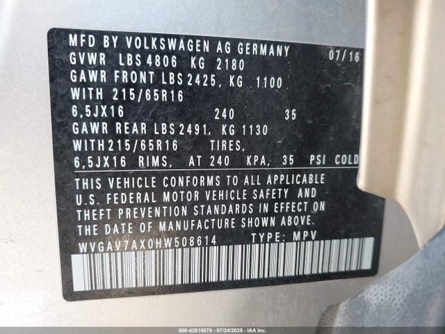 WVGAV7AX0HW508614 Volkswagen 2.0 tsi
