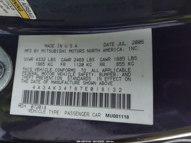 2007 MITSUBISHI ECLIPSE 4A3AK34T87E018132 Photo 8