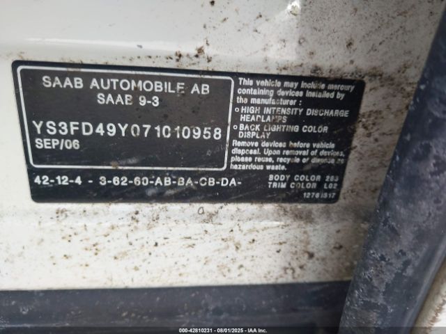 2007 SAAB 9-3 YS3FD49Y071010958 Photo 8