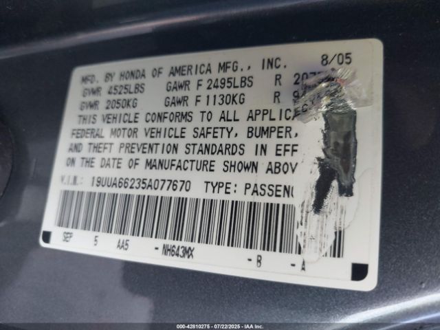 2005 ACURA TL 19UUA66235A077670 Photo 8