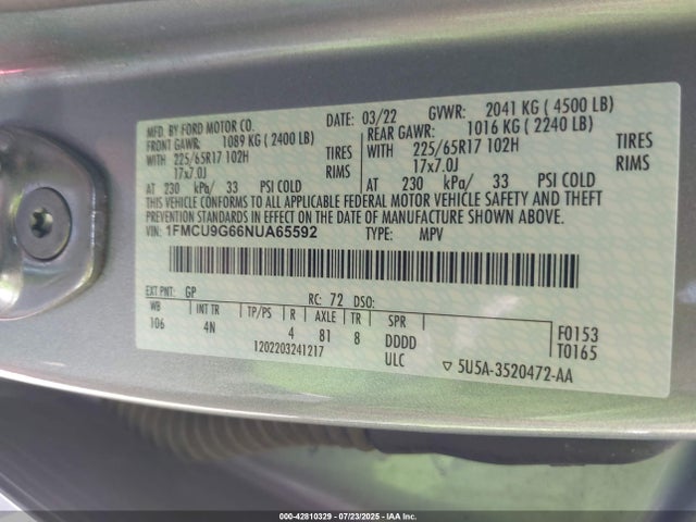 1FMCU9G66NUA65592 Ford dragon di tc