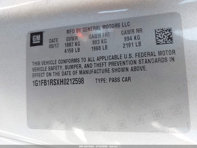 1G1FB1RSXH0212598 Chevrolet lgx - di: direct injection, vvt: variable valve timing, alum, gen 2
