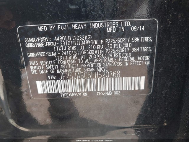 JF2SJABC5FH520368 Subaru 2.5na u5
