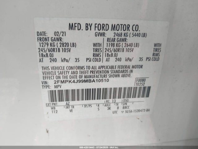 2FMPK4J99MBA10510 Ford 2.0l gtdi w/premium fuel