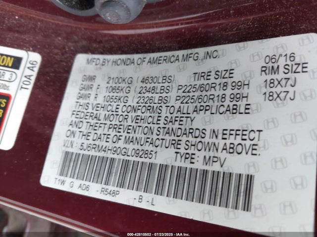 Honda k24w9 2016 5J6RM4H90GL092851 Image 9