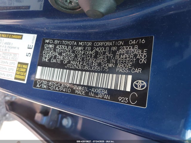JTDZN3EU8GJ055175 Toyota 2zr-fxe, 5jm