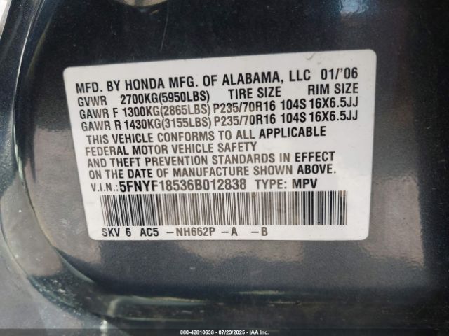 2006 HONDA PILOT 5FNYF18536B012838 Photo 8
