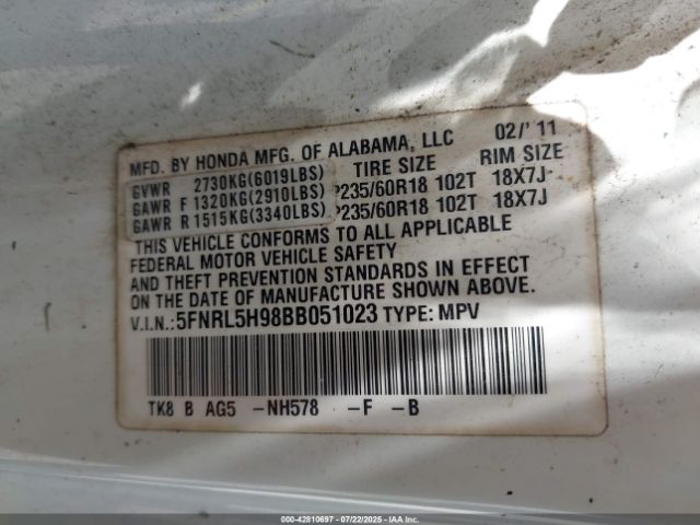 2011 HONDA ODYSSEY 5FNRL5H98BB051023 Photo 8