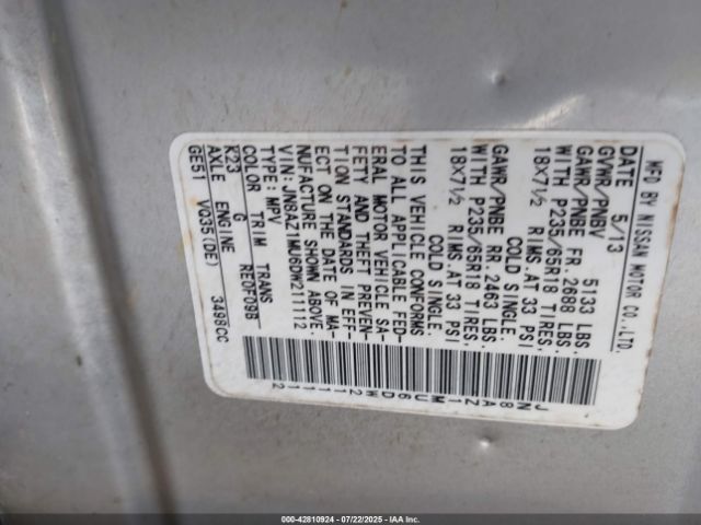 2013 NISSAN MURANO JN8AZ1MU6DW211112 Photo 8