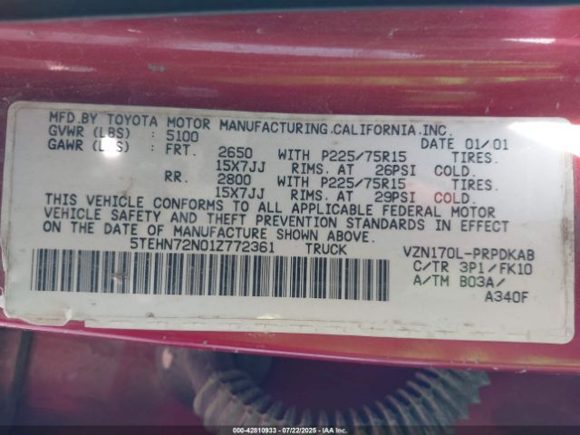2001 TOYOTA TACOMA 5TEHN72N01Z772361 Photo 8