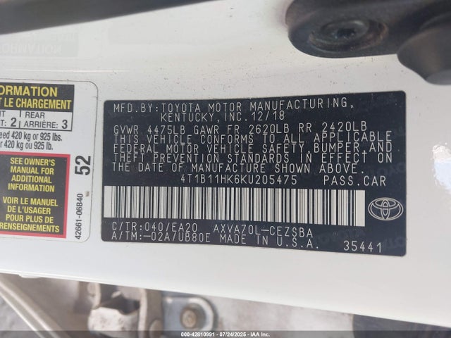 4T1B11HK6KU205475 Toyota a25a-fks