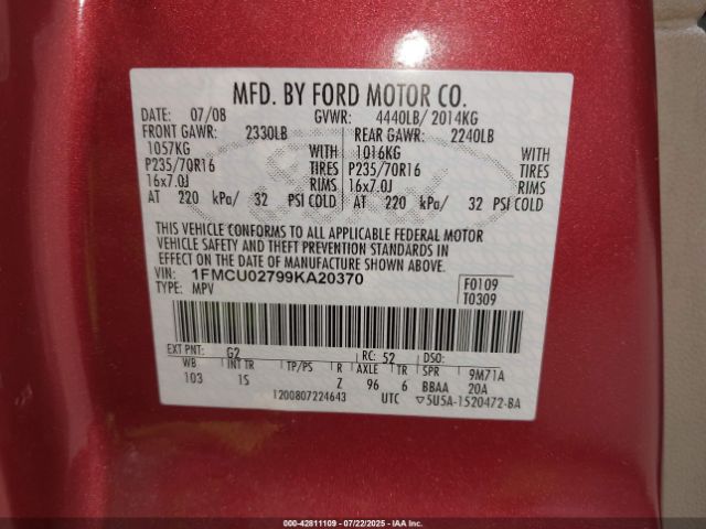 2009 FORD ESCAPE 1FMCU02799KA20370 Photo 8