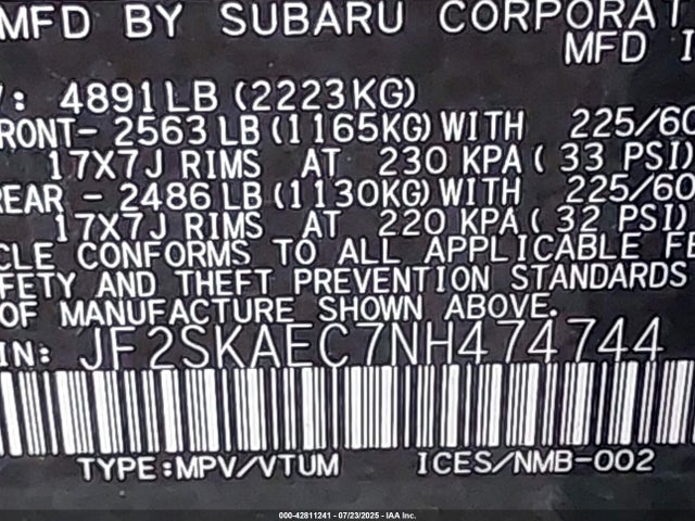 Subaru na u5 2022 JF2SKAEC7NH474744 Image 9