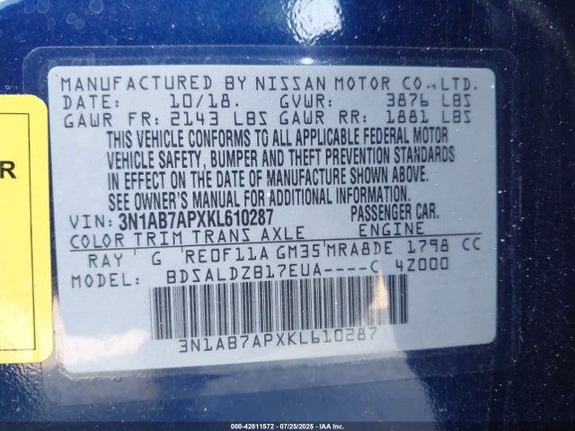 3N1AB7APXKL610287 Nissan Sentra