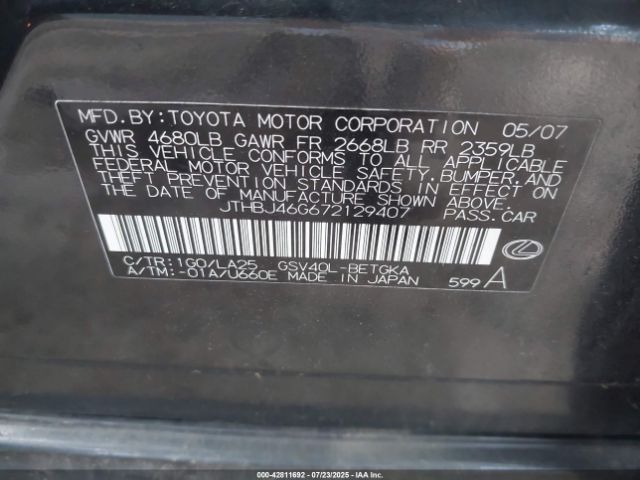 2007 LEXUS ES 350 JTHBJ46G672129407 Photo 8