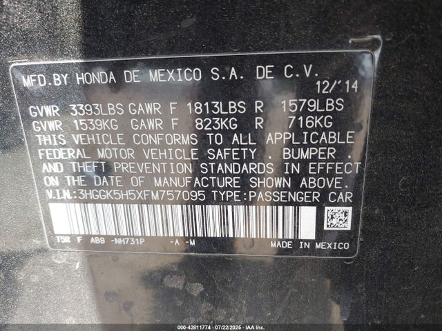 3HGGK5H5XFM757095 Honda l15b1