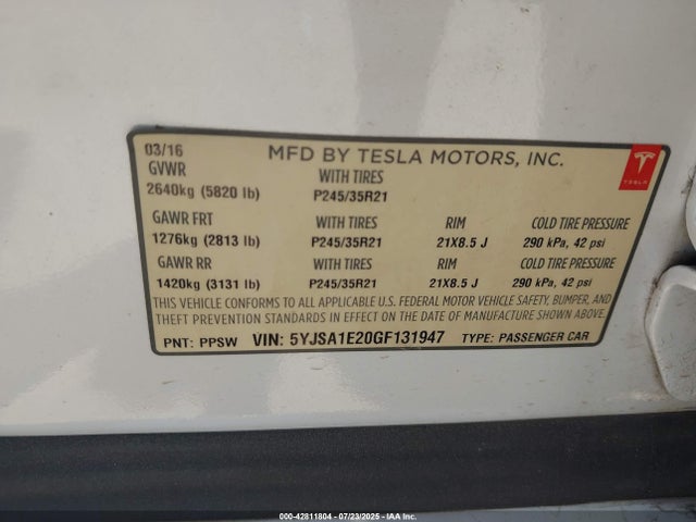 2016 TESLA MODEL S 5YJSA1E20GF131947 Photo 8